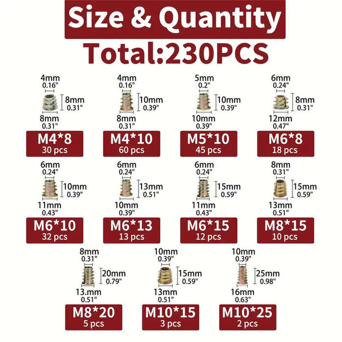 230PCS - 230pcs Threaded Wood Inserts Nuts Assortment Kit Nut Inserts with 11 Metric Sizes M4/M5/M6/