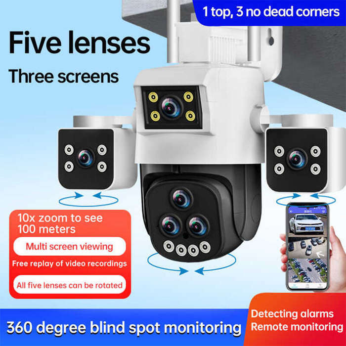 EU Plug - 5 Lens Panoramic Surveillance Camera 20x Optical Zoom 360 PTZ 200W Pixel WiFi Camera Color