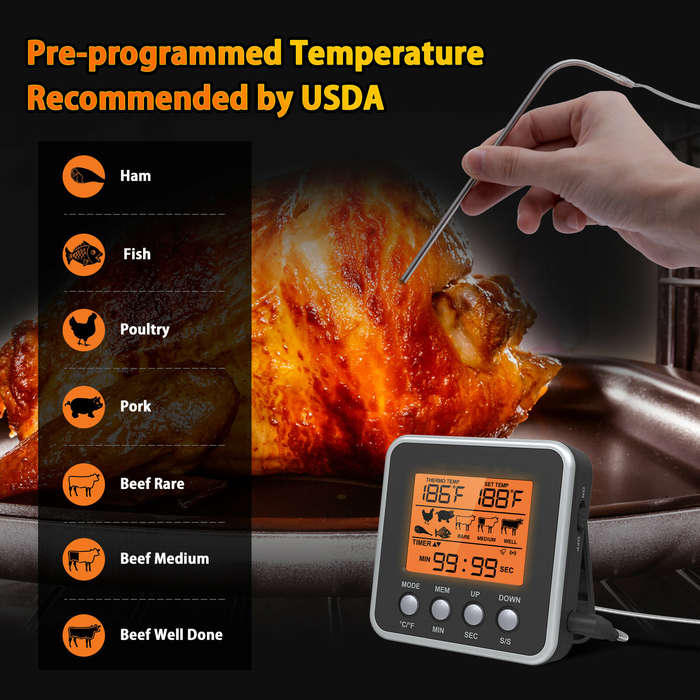 AGSIVO Digital Food Oven Meat Thermometer With Probe Timer Alert Backlight Outdoor Grill Cook Barbec