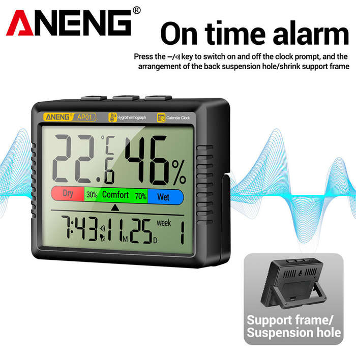 White 2 - ANENG AP01 Hygrometer Clock Calendar Snooze Mode LCD Display Temperature Range -10~50C Hum