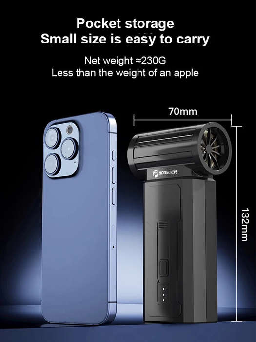 Black - Mini Turbo Fan 130,000PM Peak 35 m/s Wind Speed 2000mAh Peak Battery 4 Speed Settings Cordle