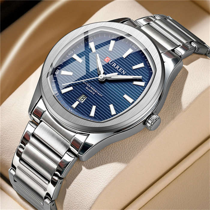 White - CURREN Men's Quartz Watch Waterproof Stainless Steel Calendar Wristwatch Business Casual Des