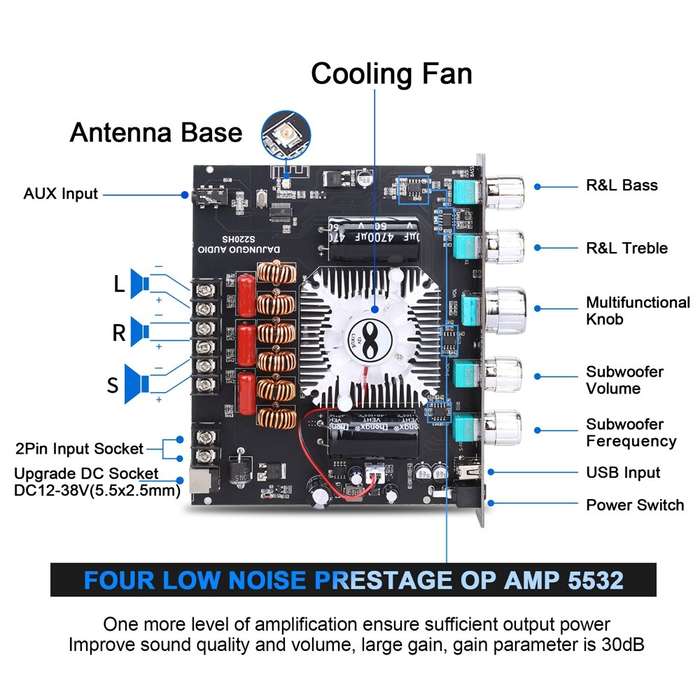 Black - S220HS bluetooth Power Amplifier Board 2.1 Channel TDA7498E 160Wx2+220W 12V-38V Audio Power