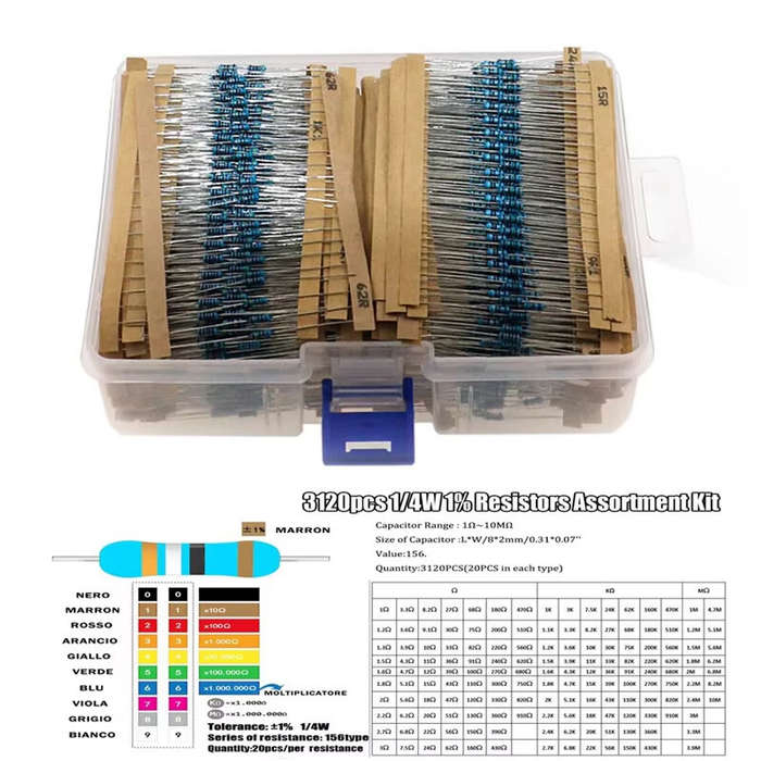 Kit - 156 Value 3120 PCS 1/4W Metal Film Resistor Kit 1-10M 1% Tolerance Ideal for Electronics Proje