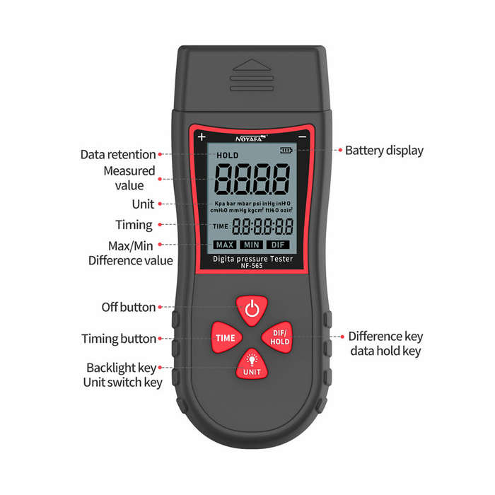 Noyafa NF-565 Digital Manometer HVAC Air Pressure Differential Pressure Gauge With 11 Units Backligh