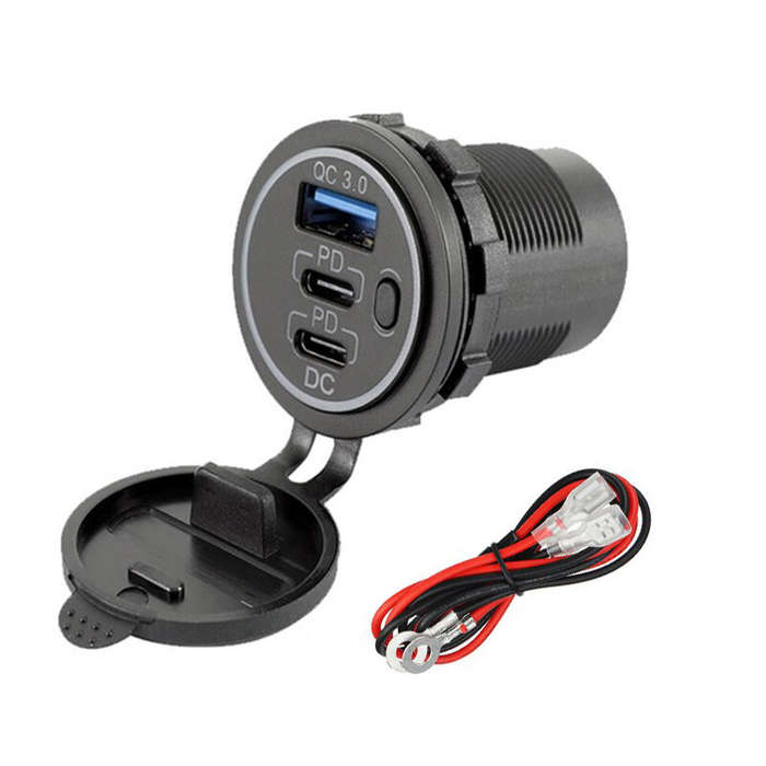 Blue Light - 12-24V Triple USB Car Charger Socket QC3.0 & Two PD3.0 With ON/OFF Independent Switch F