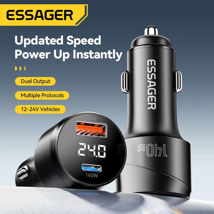 Black - ESSAGER ES-CC19 140W 2-Port USB PD Car Charger USB-A+Type-C Support PD3.1 QC3.0 AFC FCP SCP