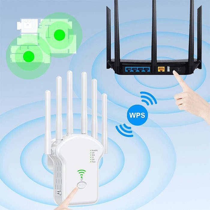 White - U13 1200Mbps WiFi Repeater Wireless WiFi Signal Repeater Extender High Gain 6 Antenna Dual-B