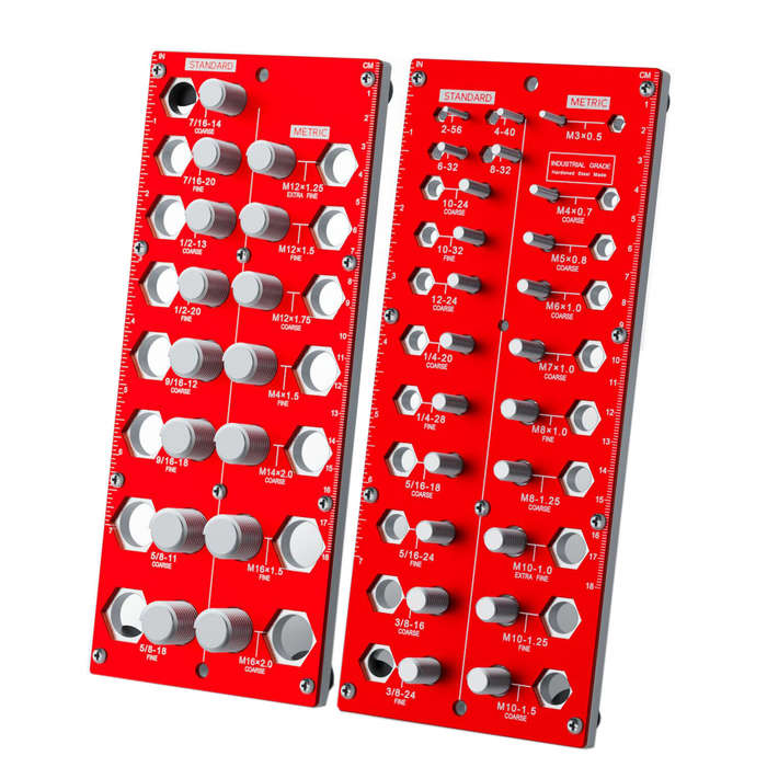 Red - Twist-On Metal Nut & Bolt Thread Checker Set 21 Inch & 17 Metric Sizes Easy Sorting & Identifi