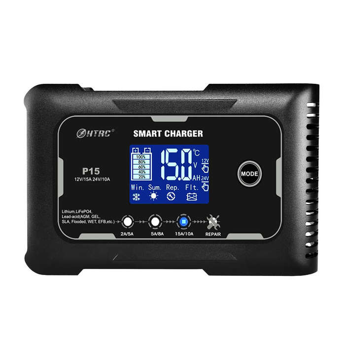 Black - HTRC P15 12V/15A 24V/10A Car Motorcycle Battery Charger Lead-Acid Battery AGM Intelligent Re