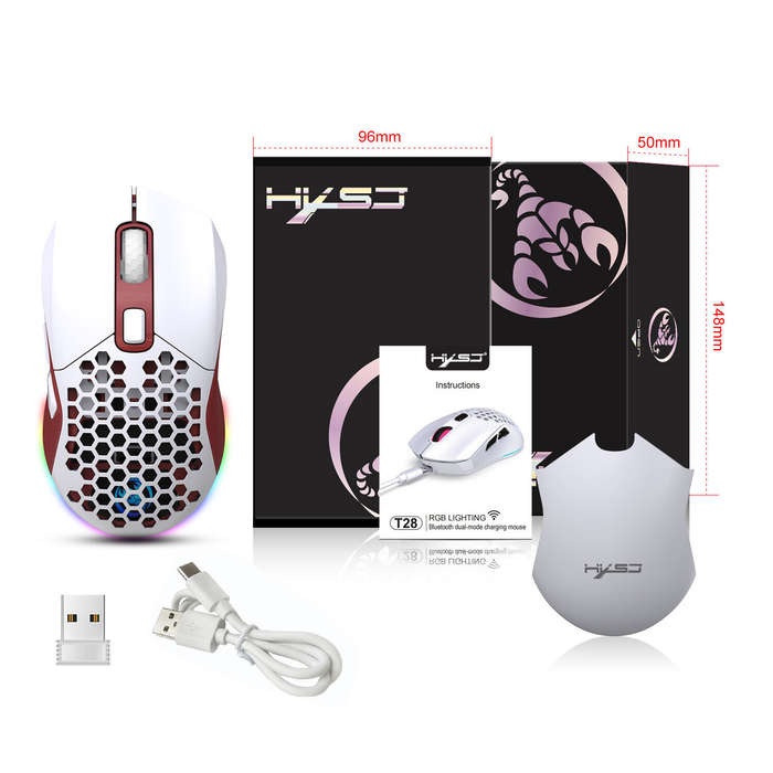 HXSJ T28 Hollow Wireless Mouse Rechargeable RGB Luminous 4800DPI Interchangeable Back Cover Gaming L