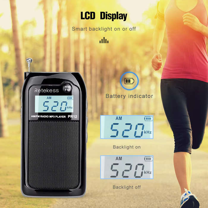 Black - RETEKES PR12 Portable Radio FM AM Mini Pocket USB Radio MP3 Portable Receiver Backlit LCD Di