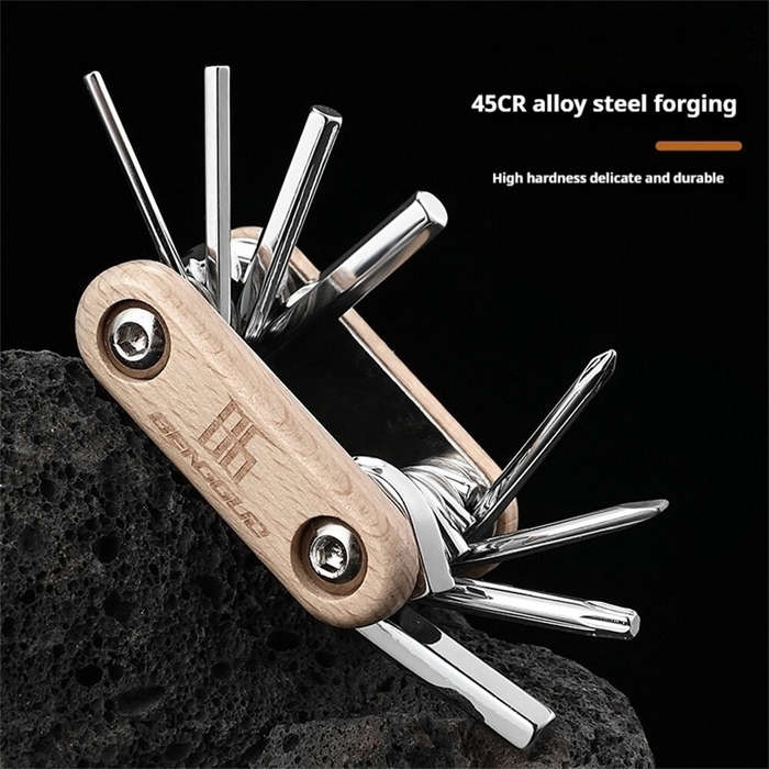 Wood Color - BENGGUO 8 in 1 Portable Folding Mini Bike Repair Tool Multifunctional Screwdriver Hex W