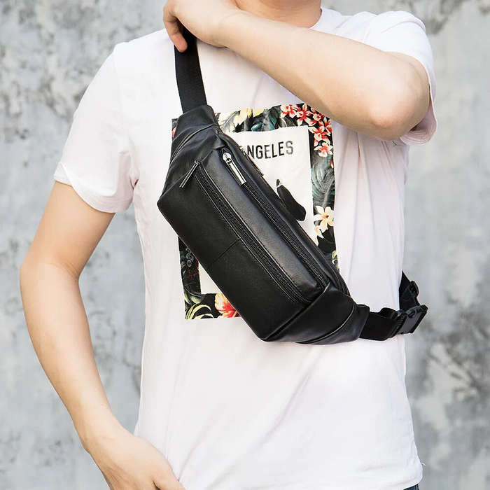 Black - Ekphero Men's Genuine Leather Waist Bag Sports Belt Pouch Business Casual Crossbody Bag Outd