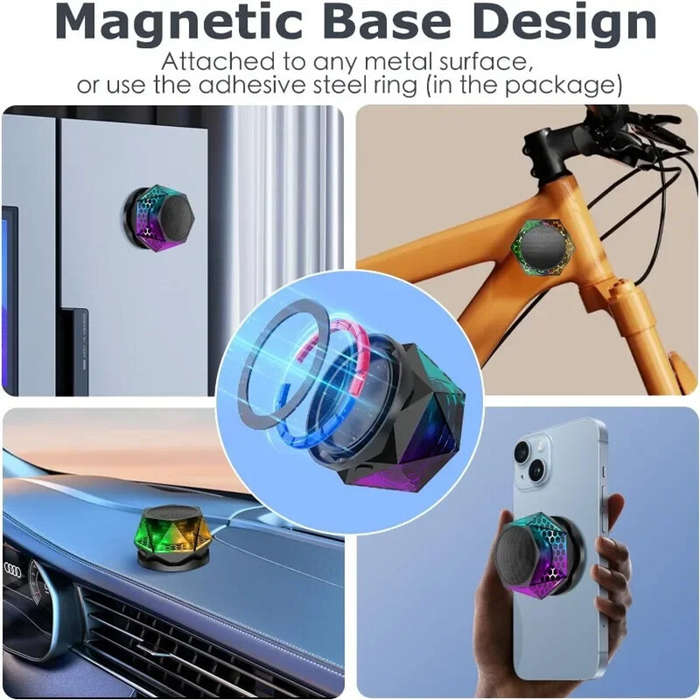 Black - HS-001Y Mini Magnetic Base bluetooth Speaker Portable Subwoofer Speaker Stereo Sound RGB Lig
