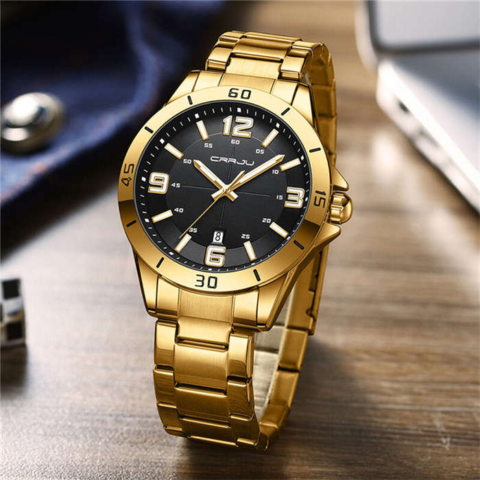 Black+Gold - CRRJU Luxury Men's Business Watches Fashion Stainless Steel Quartz Watches Auto Date Lu