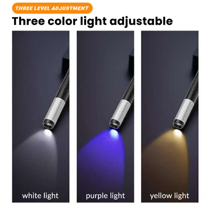 Black - Multifunctional Portable LED Flashlight - White Light, Yellow Light, UV Light Penlight with