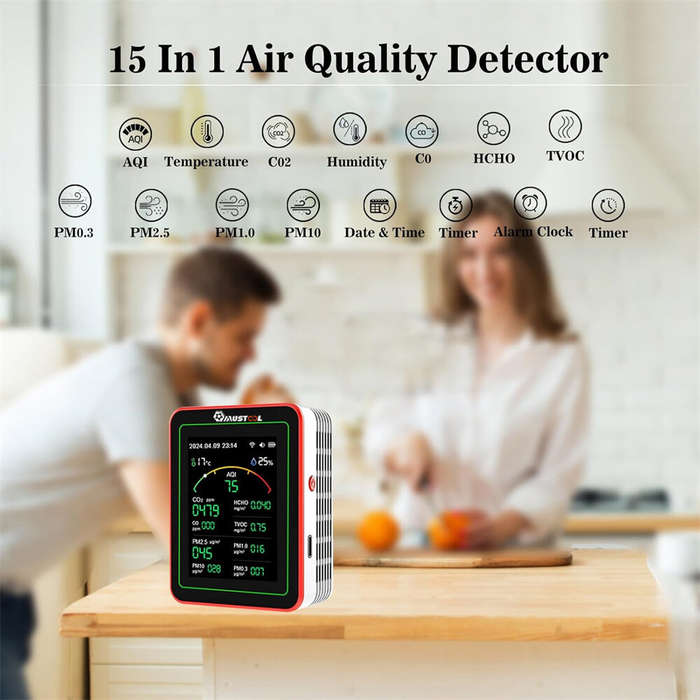 Black - MUSTOOL 15-in-1 Air Quality Monitor Wifi Tuya App 15-in-1 Smart Tester With stand CO2 CO TVO