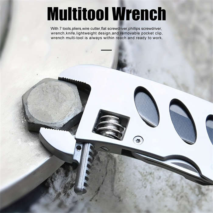 Silver - 6-in-1 Stainless Steel Multitool Adjustable Wrench Screwdriver Bits Saw Blade Knife Compact