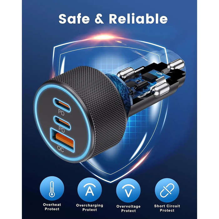 Black - 3-Port USB C Car Charger Adapter 67W Car Charger Dual USB-C & USB-A Car Power Adapter PD/QC