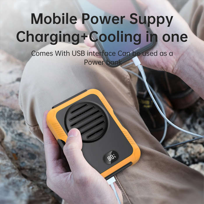 Orange - Mini Portable USB Rechargeable Fan 2000mAh Hanging Neck Waist Fan for Outdoor Camping Hikin