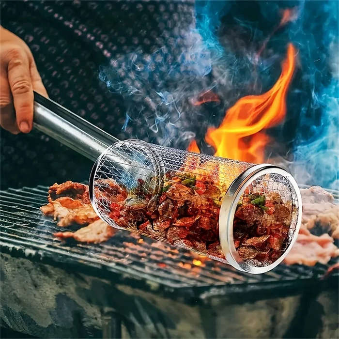 Silver - IPRee Round BBQ Basket Stainless Steel Rolling Grilling Basket Wire Mesh Cylinder Grill Bas