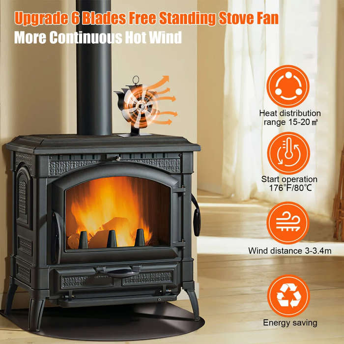 Black - 6-Blade Heat Powered Fireplace Fan Powered Fan With Temperature Display Strip Fireplace Fan