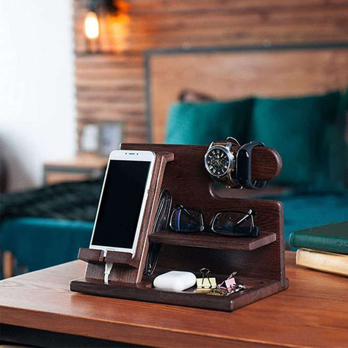 Dark Brown - Multifunctional Desktop Charging Mobile Phone Holder Wooden Phone Storage Stand Key Hol