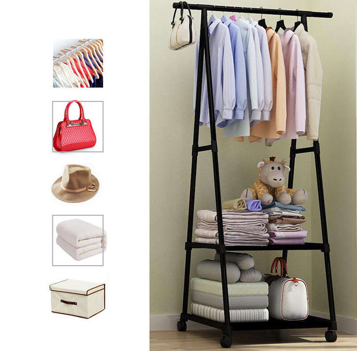 BLack - Triangle Coat Wheel Rack Removable Stainless Steel Clothes Hanging Hanger