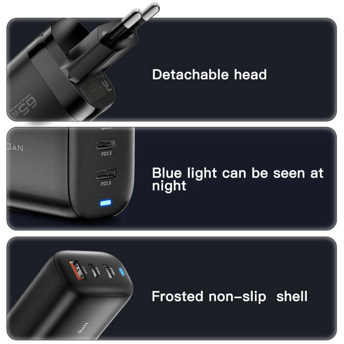 EU Plug - [GaN Tech] Essager 65W 3-Port USB PD Charger 2Type-C+USB-A PD3.0 QC3.0 Fast Charging Wall