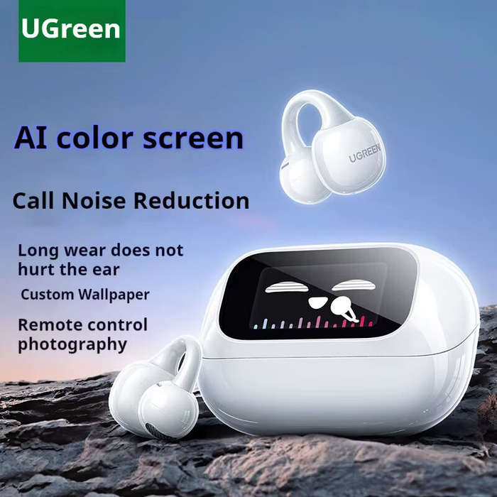 White - UGreen HiTune S6 Magic Earclips Earbuds Wireless bluetooth 5.4 Earphone LED Display 12mm Dri