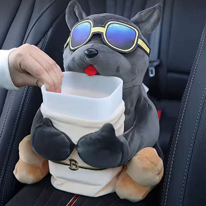 Grey - 2 in 1 Car Mounted Tissue Box Cartoon Plush Doll Auto Armrest Box Hanging Paper Drawer Storag