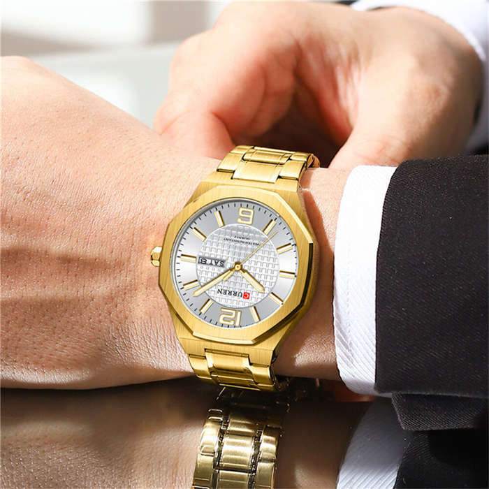 Blue - CURREN Men's Stainless Steel Quartz Watch Waterproof Calendar Business Casual Wristwatch Fash