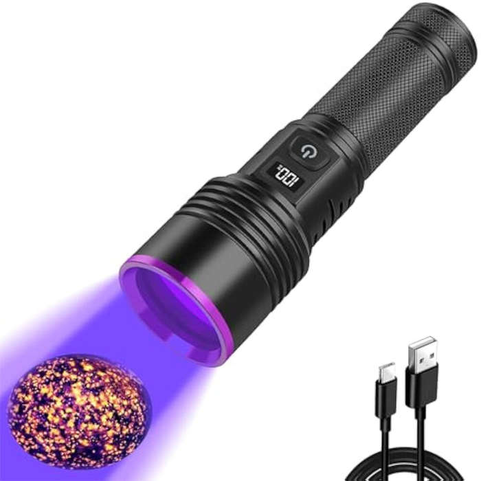 Black - 4 Core LED High Power 365NM UV Flashlight Powerful LED Ultraviolet Lamp Type-C USB Rechargea