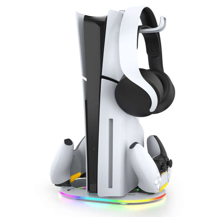 White - for PS5 Slim Vertical Stand with RGB LED Lighting and PS5 Slim Controller Quick Charger for