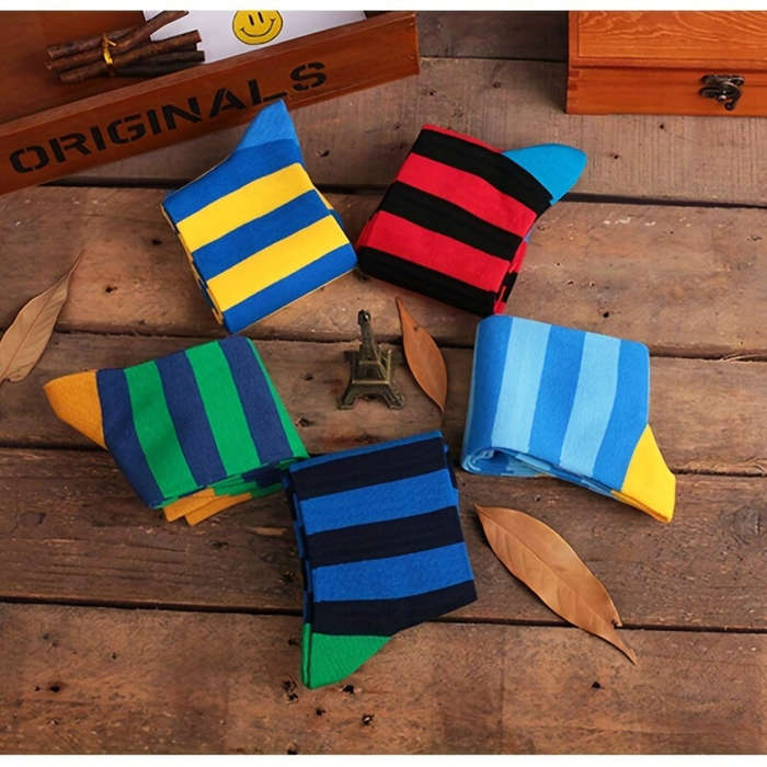 #01 - 5 Pairs Men's Colorful Striped Funny Novelty Cotton Dress Socks, Cool Design Rich Funky Crew S