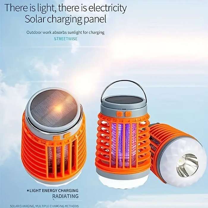 Orange - Solar Bug Zapper Light Bulb 3 in 1 Mosquitoes Killer USB Rechargeable Camping Light Flashli