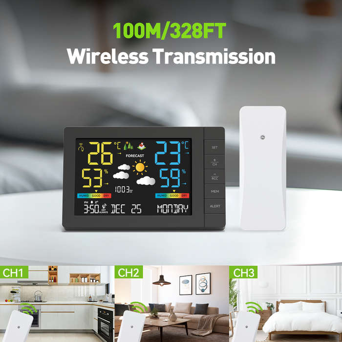 EU Plug - Wireless Weather Station with Color Display Indoor Outdoor Thermometer Hygrometer with For