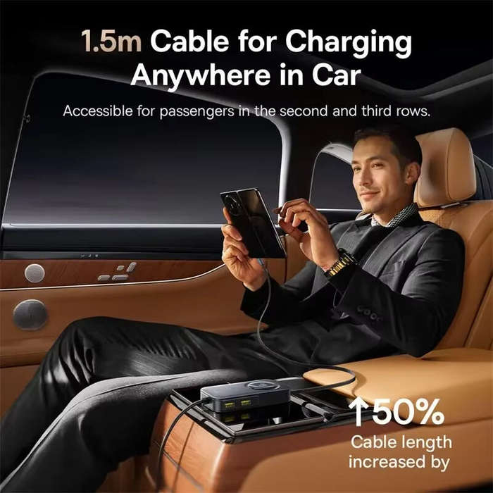 Black - Baseus PrimeTrip VW1 105W 6-Port USB PD Car Charger with Retractable Cable 3USB-A+3USB-C Sup