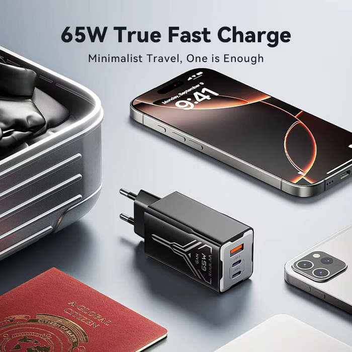Black & US Plug - [GaN Tech] KUULAA KL-CD64 65W 3-Port USB PD Charger USB-A+2USB-C PD Fast Charging