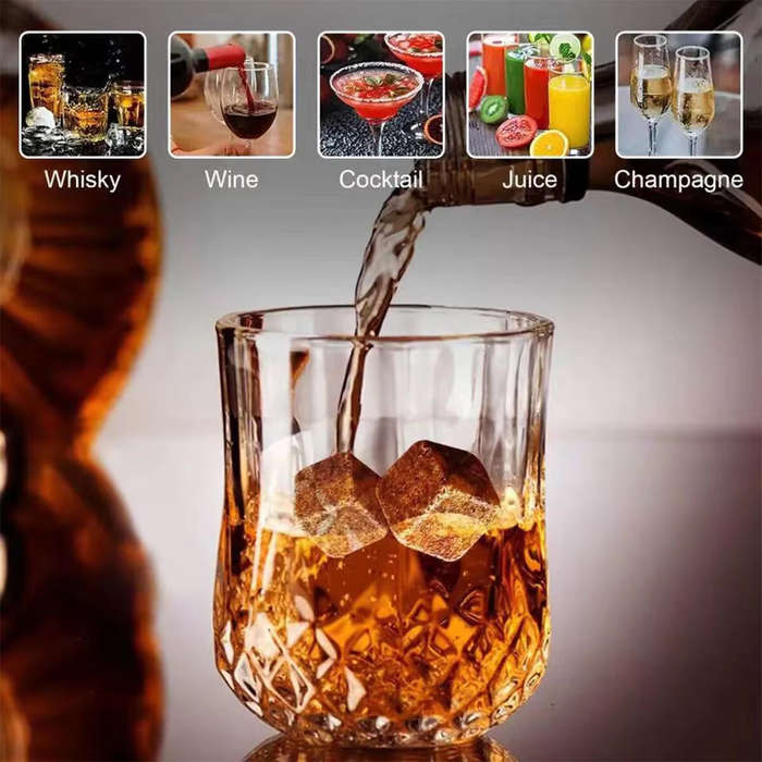 1 - Reusable Whiskey 6 Ice Stones Set Whiskey Stones 2 Whisky Glasses Set Granite Ice Cube Stainless