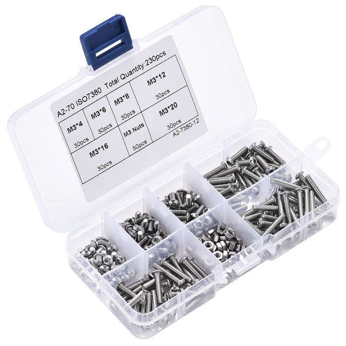 230pcs M3 304 Stainless Steel Allen Hex Drive Button Head Socket Cap Bolts Screws Nuts Assortment Ki