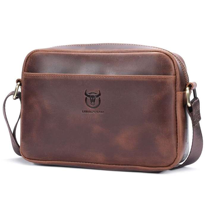 Coffee - BULLCAPTAIN Men's Genuine Leather Shoulder Bag Retro Large Capacity Travel Bag Crazy Horse