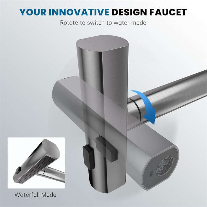 Silver - 304 Stainless Steel Kitchen Faucet Pull Out Rotation Waterfall Stream Sprayer Brushed Nicke