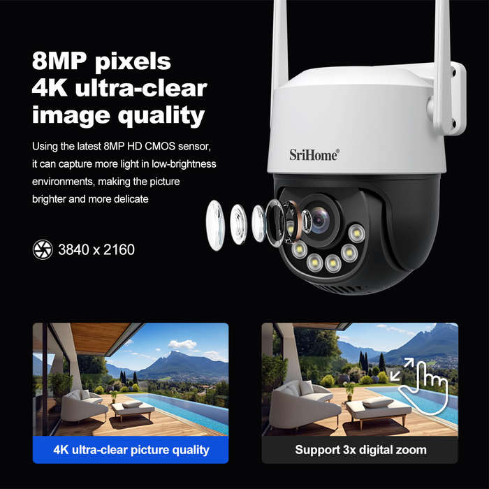 EU Plug - SriHome SH072 8MP 4K 3X Zoom Security Camera Outdoor PTZ Dual Band WiFi 2.4G/5G Night Visi