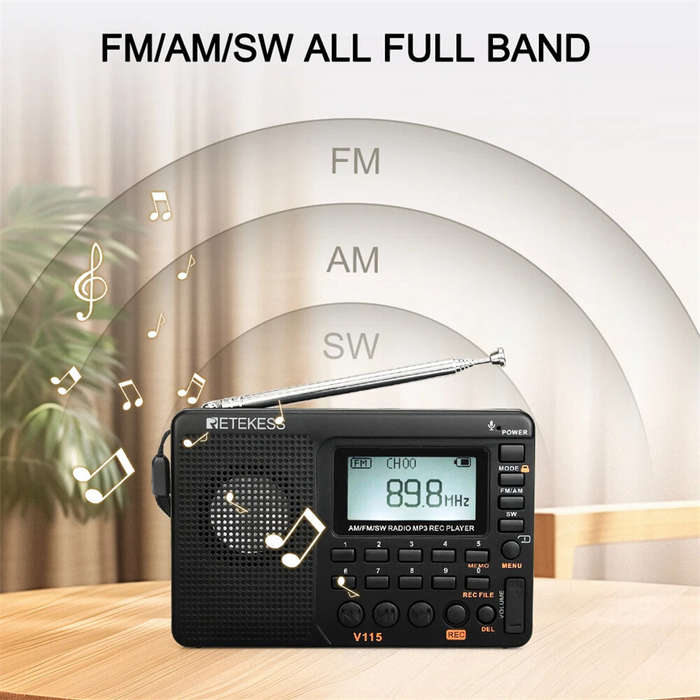 Black - Retekess V115 Radio FM AM SW Portable Radios AM FM Rechargeable Shortwave Radio Battery Powe