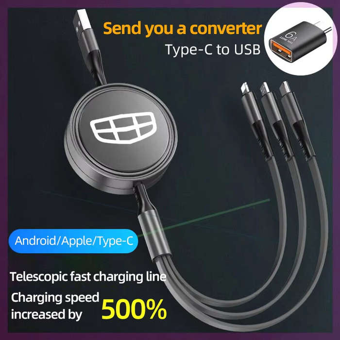 Black - 3-in-1 5A 100W USB-A to Micro/iP/Type-C Telescopic Cable Fast Charging Pure Copper Core Line