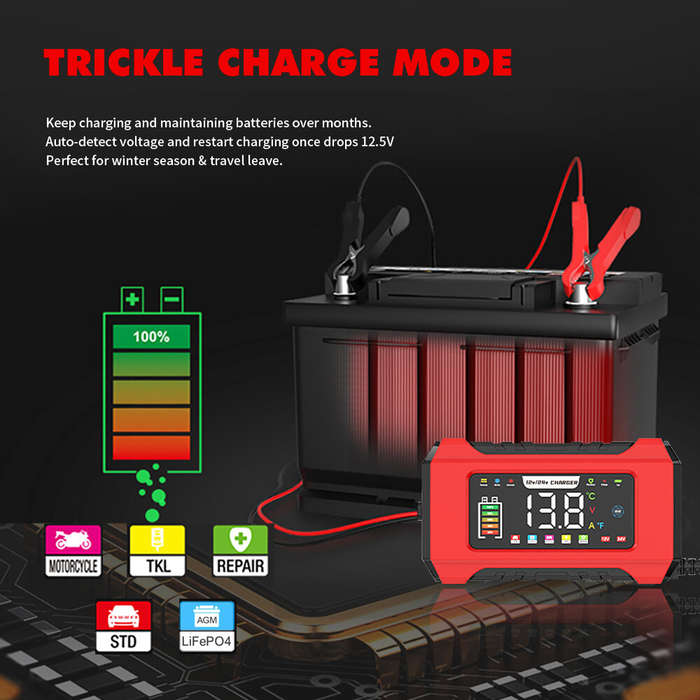 Black - RJtianye 9 Stage Charging 12V 15A / 24V 8A Large Color Screen Battery Charger Trickle Charge