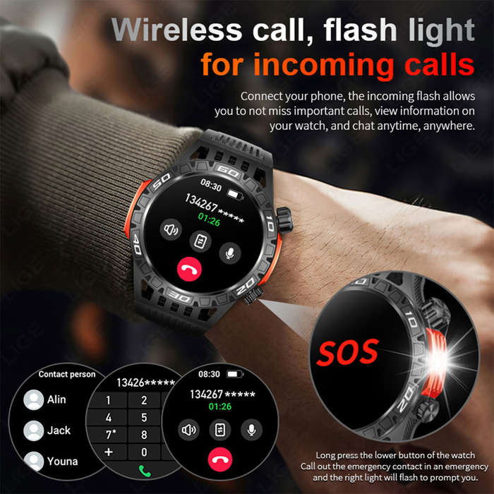 Green - LIGE 1.46inch HD Screen Massive Battery Compass bluetooth Call Heart Rate Blood Pressure Mon