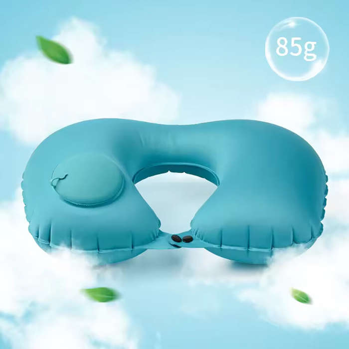 Green - U-Shaped Travel Pillow Press Inflatable Pillow Neck Portable Foldable Outdoor Travel Car Air